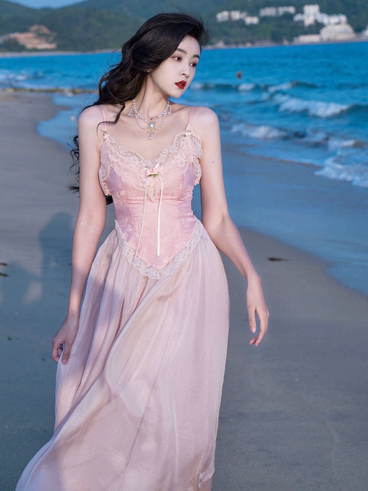 Fashion women's wear French Fried Street Tea Break Milk Sweet Escape Princess Dress Sweet Salt Pink Roses Pure Desire Beautiful Sling Dress