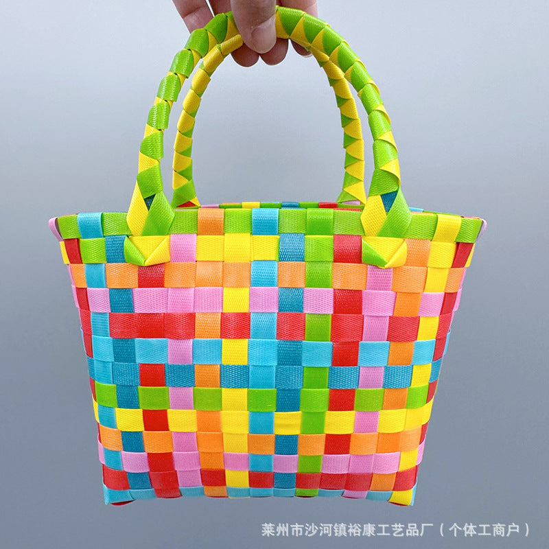 Dopamine Bag Free shipping Tattoo Cartoon dopamine plastic woven bag, trendy macaron hand-woven vegetable basket bag, cute casual seaside beach bag
