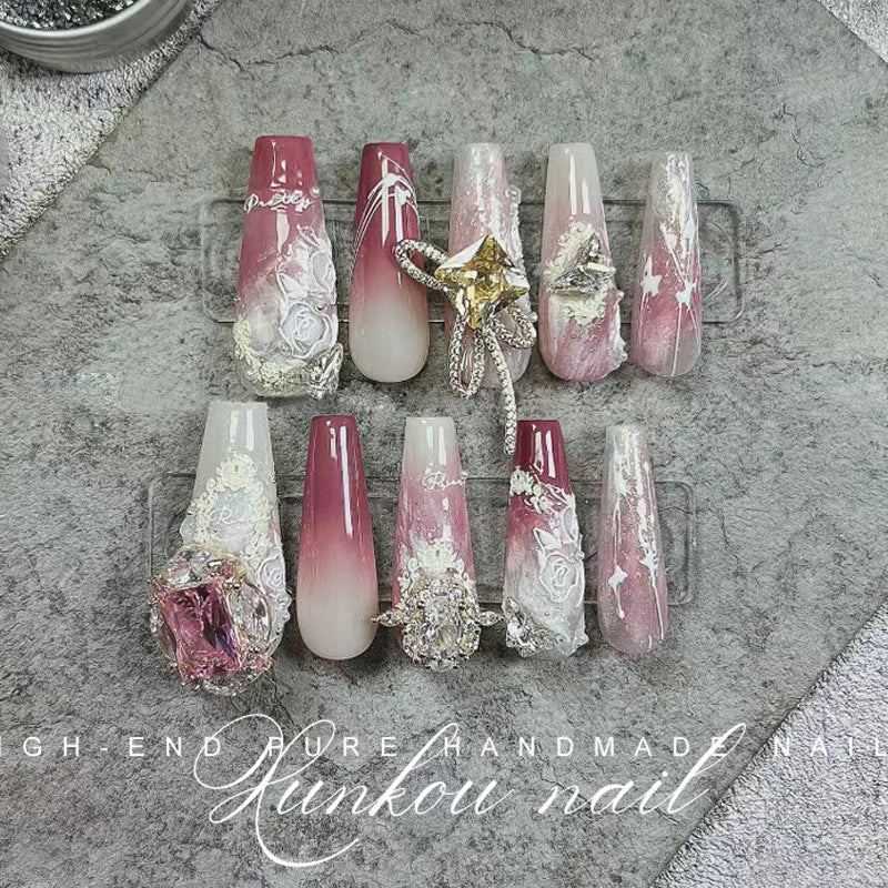 (Hand-Made Nail) Purple White Heavy Industry Secret Garden Flash Pink Diamond Pearl Sequins Hand-Worn Nail Beauty Ins Style Disassembly