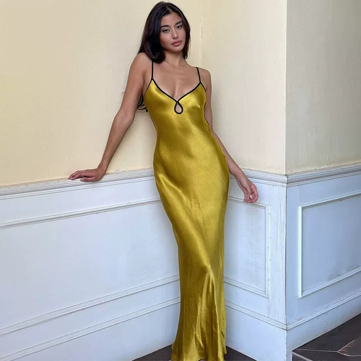 Fashion women's wear High-Grade Solid Color Satin Sling Dress Special-Interest Design French Style Temperament Hot Girl Seaside Vacation Slim Fit Long Dress