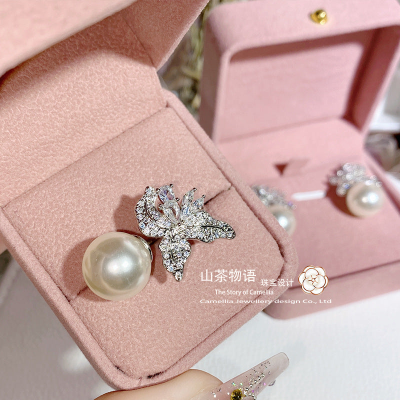 Camellia珠宝精工贝珠百搭套装女 镀金满锆小众花朵优雅澳白戒指