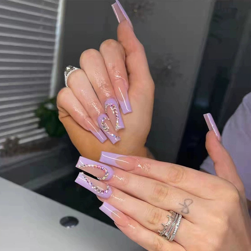 (Hand made nail) European and American Spicy Girl Super Long Instagram Dark Small Stand Retro Trapezoidal Shining Diamond Beauty False Nail Patch Detachable Wearable Nail