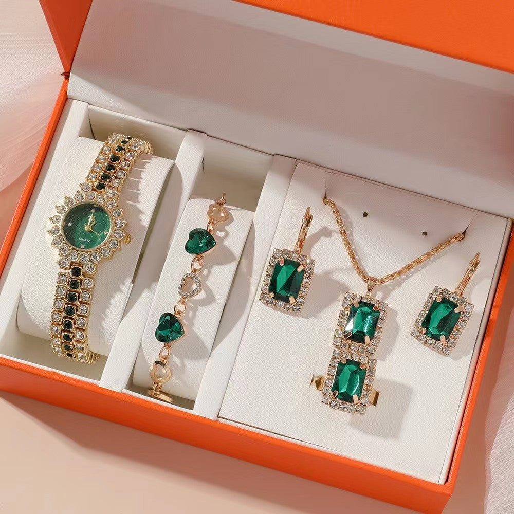 Fashion women's watchSmall Green Watch Women's Steel Belt Quartz Watch Five-Piece Ring Suit Gift Box Gift Watch Cross-Border Hot Sale Fashion Watch