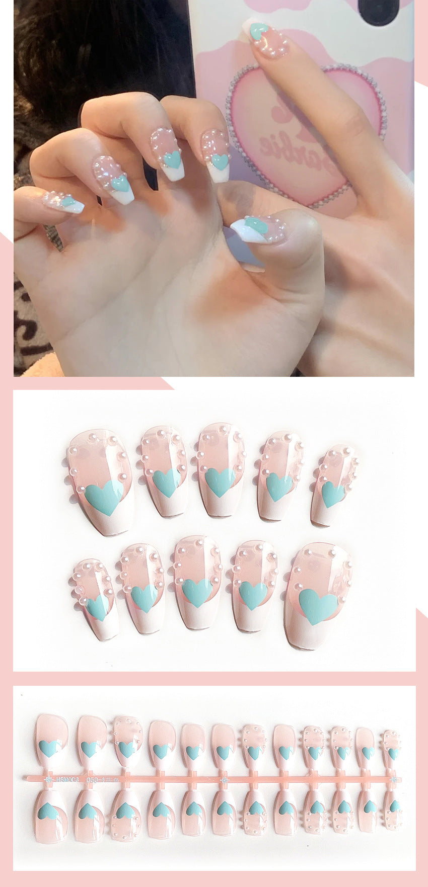 Fashion  nail Wear Nail Nail Stickers Nail Patch Fake Nails Detachable Pearl Peach Heart Nail Tip Nail Sticker X5