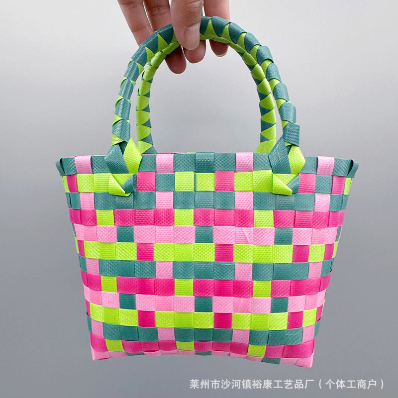 Dopamine Bag Free shipping Tattoo Cartoon dopamine plastic woven bag, trendy macaron hand-woven vegetable basket bag, cute casual seaside beach bag