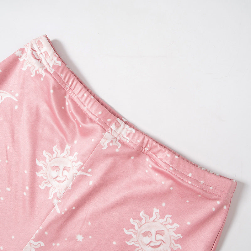Fashion women's wear Q23pt305   Starry Sky Sun Pattern Printing High-Waist Pink Flared Pants Women's Pants Summer New