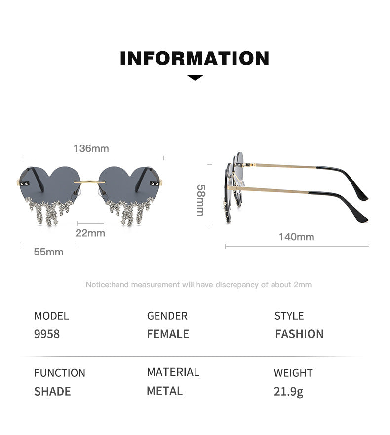 Women's fashion glasses 跨境个性爱心眼泪太阳镜女水钻无框趣味拍照墨镜高级感镶钻太阳镜