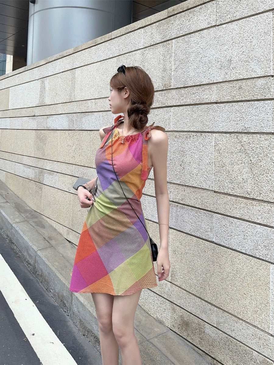 Dopamine dress Free shipping Tattoo Dopamine wears a chic neck sling skirt for women's summer 2024 new holiday style waist beautiful temperament dress