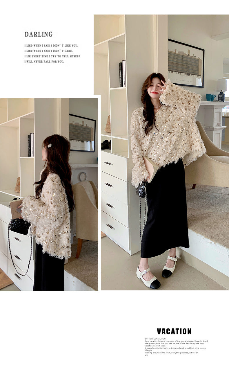 Fashion women's wear Real Shot Shiny Annual Meeting Festival Atmosphere Handmade Sequined Feather V-neck Sweater Spring Inner Wear Sweet Dress