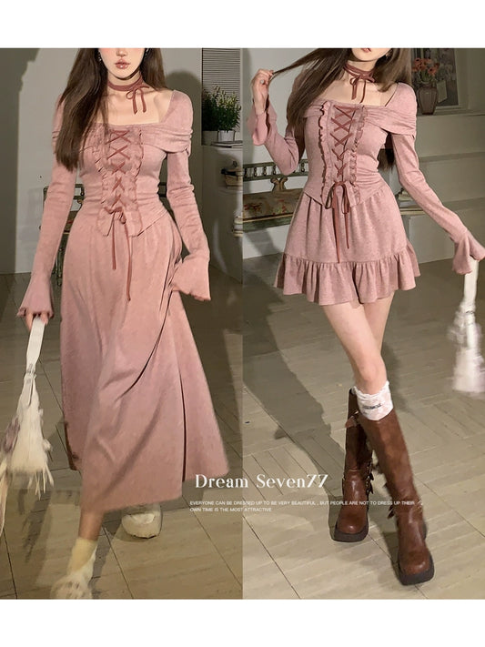 Fashion women's wear Dream Seven77 Fake Two-Piece Lace Long Sleeve Dress Women's Dress 2024 Spring New Design Sense