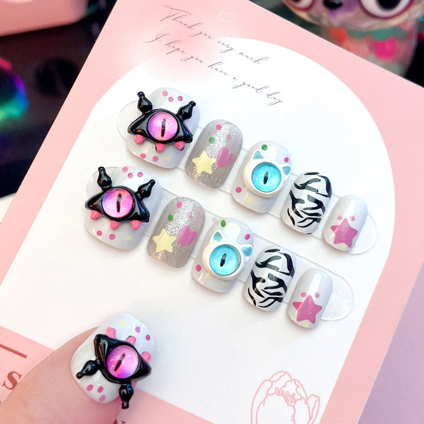 Fashion  nail Dopamine Manicure Little Monster Little Devil Short Cute Devil's Eye Cartoon Wear Nail Sweet Cool Hot Girl A57