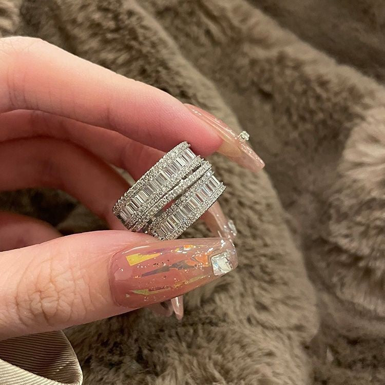 闪亮锆石几何戒指女时尚气质多层线条开口指环ins风网红食指戒潮