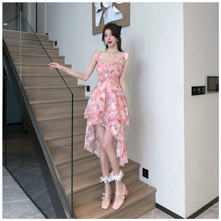 Fashion women's wear Sexy Halter Strap Floral Dress Women's Summer Seaside Vacation Beach Fairy Dress Irregular Trailing Skirt