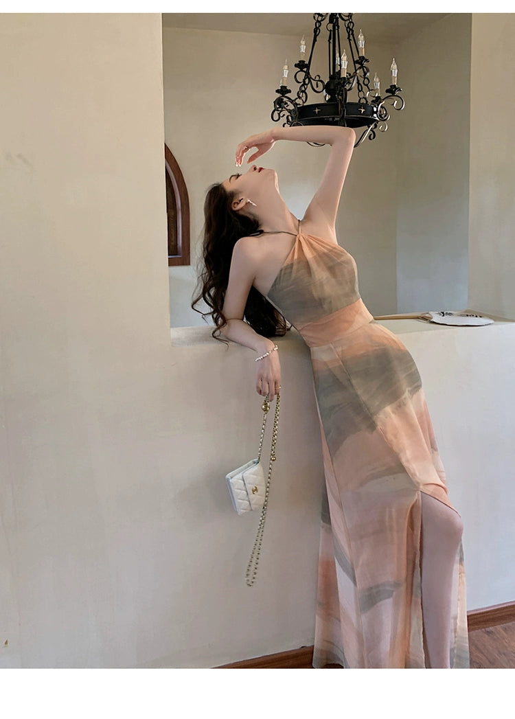 Fashion women's wear Chiffon Niche Sleeveless Split Halter Spaghetti Straps Dress Retro Hong Kong Style Tight Waist Seaside Vacation Dress Beach Dress