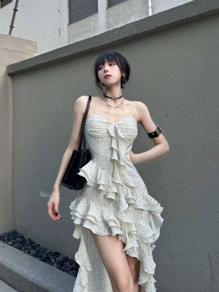 Fashion women's wear French Hot Girl Ruffled Spaghetti Straps Dress Women's Pure Desire Style Summer New Irregular High-Grade Temperament Long