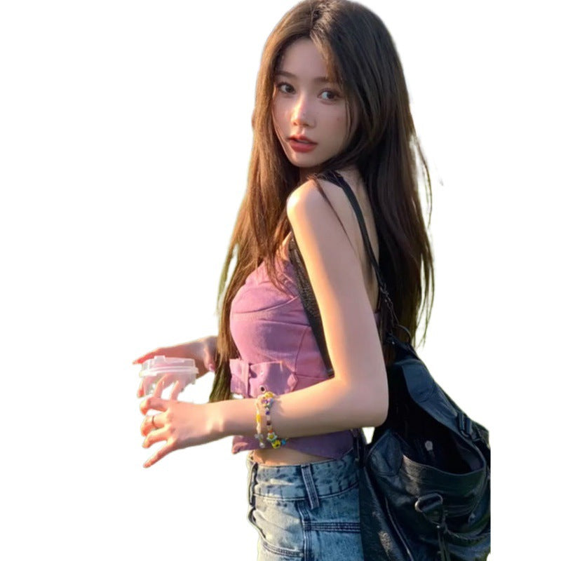 Dopamine tops Free shipping Tattoo Dopamine Spice Girl retro denim tube top women's summer new niche sexy and thin outer garter top