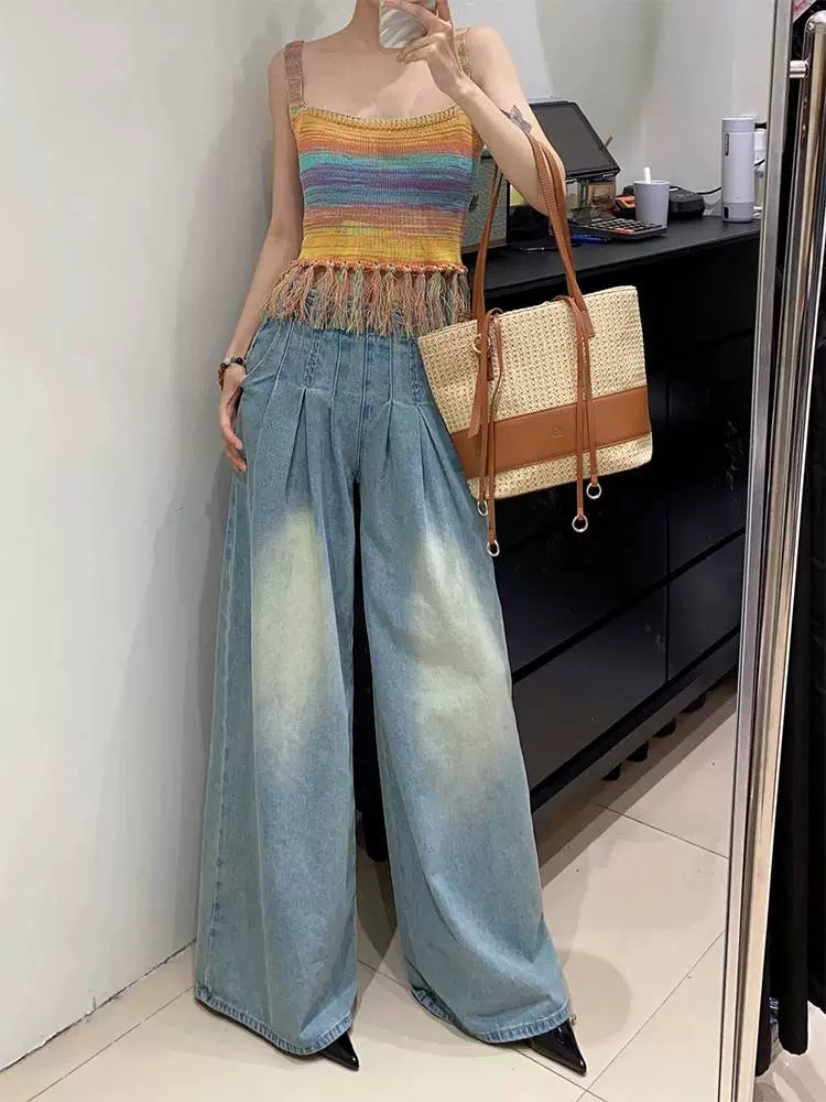 Fashion women's wear Summer New Women's Seaside Holiday Rainbow Color Strap Dress Classic Style Set Matching Age-Reducing Suit Skirt