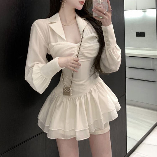 Fashion women's wear Sweet Hot Girl Long-Sleeved Shirt Dress Women's Spring and Autumn Pure White Square Collar Pleated Waist Tight Slimming Puff Short Skirt