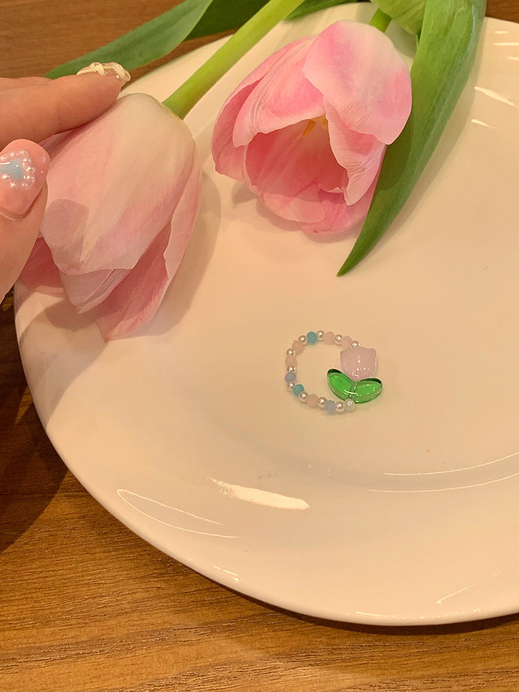 甜美小清新郁金香串珠戒指女小众设计时尚个性食指戒简约百搭配饰