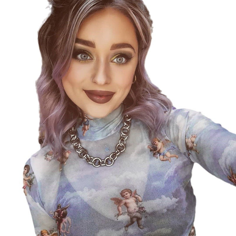 Free shipping   Long-sleeved Cupid printed t-shirt for women's autumn, cross-border popular semi-turtleneck mesh street top for women tops