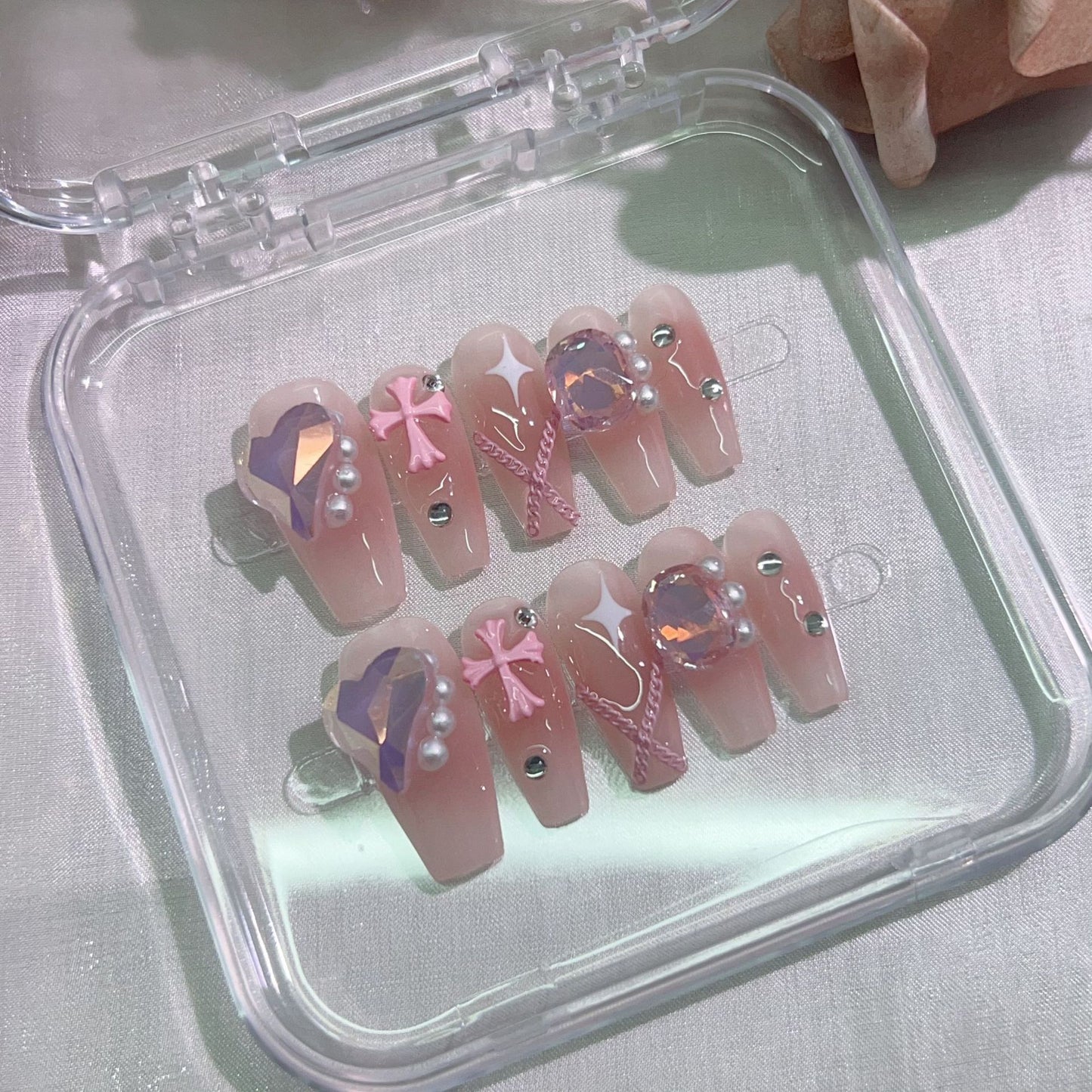 (Hand-Made Nail) Pure Desire Clear Feeling Gentle Fairy Girl Pile Rhinestone Nail Stickers Fake Nail Patch Wear Nail Tip Finished Product Detachable