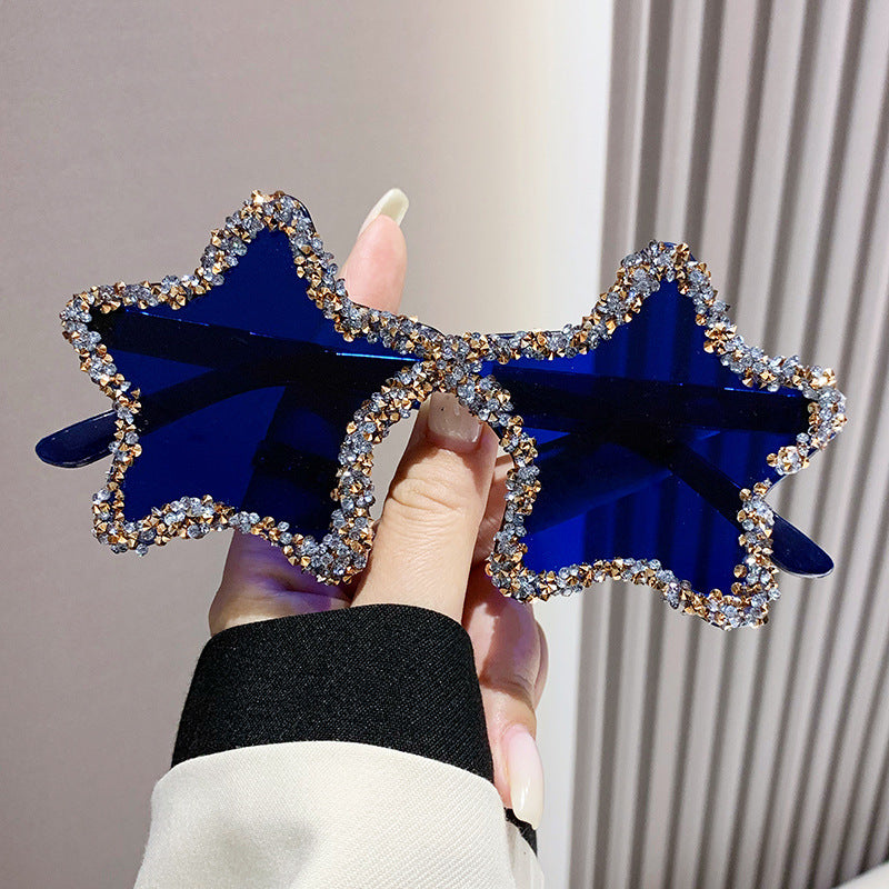 Women's fashion glasses 欧美新款五角星跨境镶钻无框太阳镜女时尚个性拍照墨镜夸张舞会