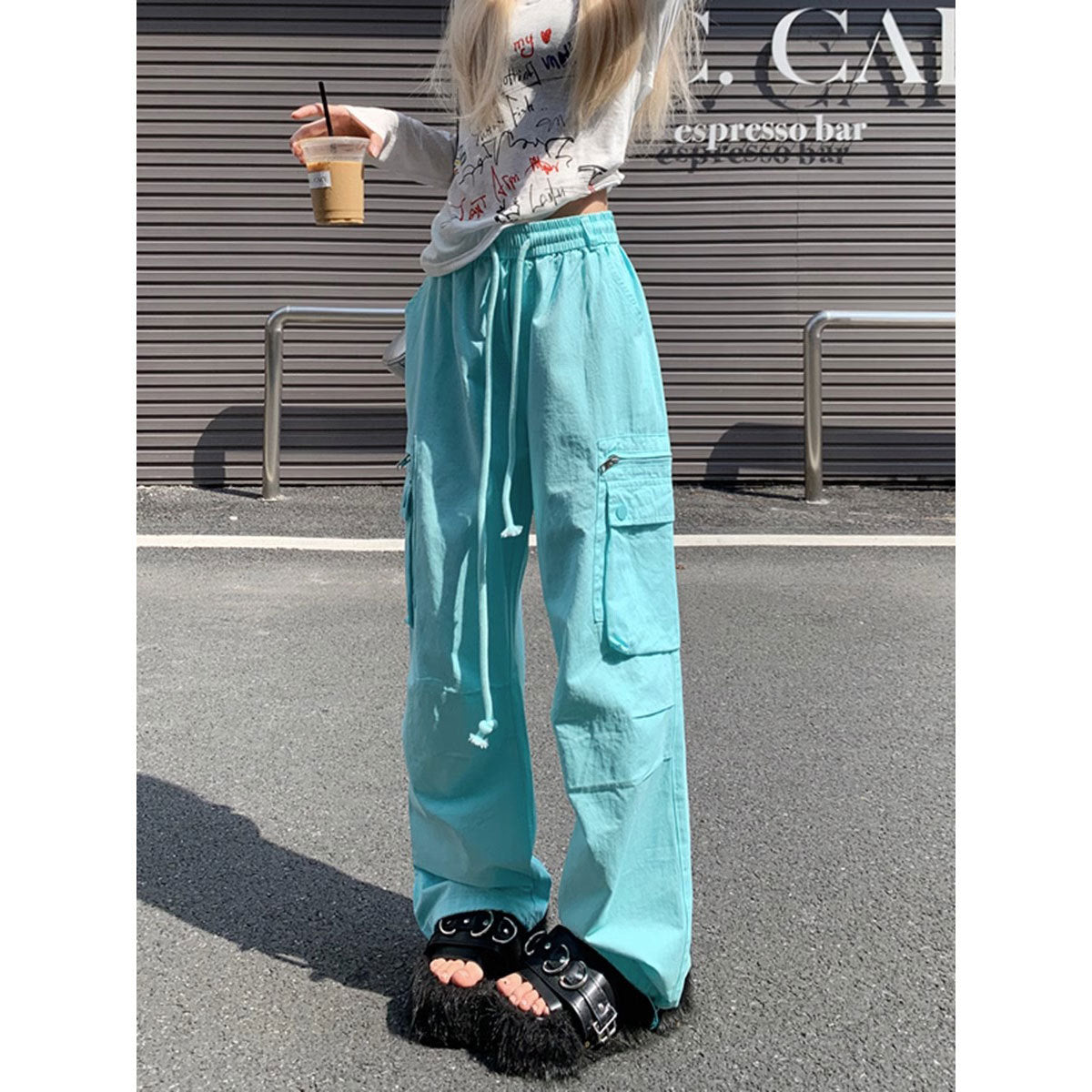 Dopamine pants Free shipping Tattoo American street overalls women's autumn new dopamine color pants loose straight wide-leg sports casual pants