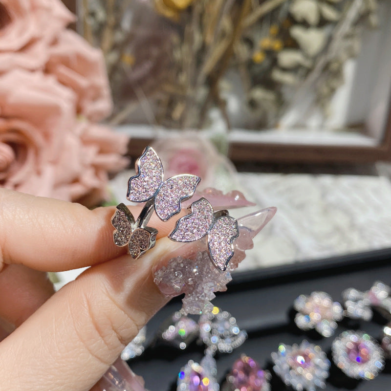 山茶璀璨粉色爱心轻奢公主戒指女 精工镀18K蝴蝶结阿斯切粉锆指环