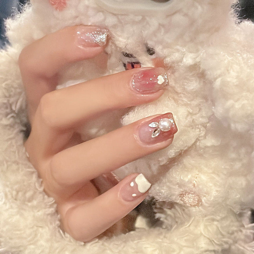 Fashion  nail Short Cute Pure Desire Bunny Wear Nail Pearl Long Diamond Rabbit Fake Nail Tip Nail Tip Flash Blush Nail Tip A2