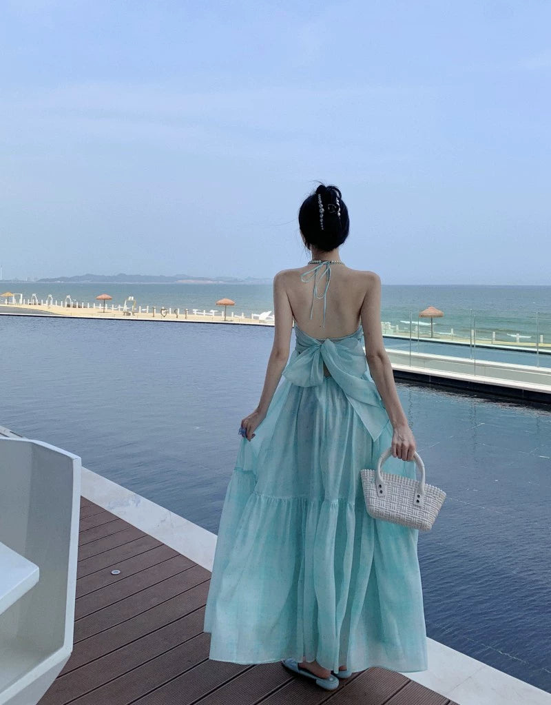 Fashion women's wear French Pure Desire Style Sexy Backless Halter Sling Dress Fairy Temperamental Beautiful Seaside Vacation Beach Dress