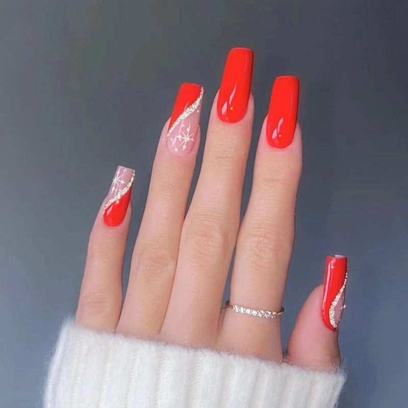 红闪雪花穿戴甲蝴蝶nails 新年跨境美甲片外贸假指甲长甲美甲贴片
