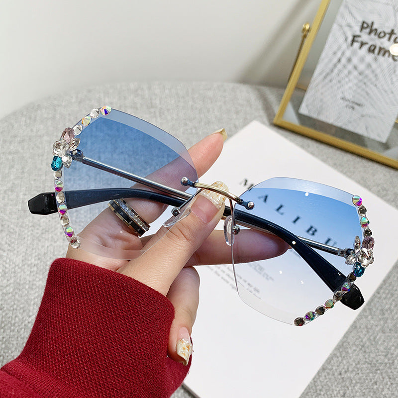 Women's fashion glasses 2024  新款时尚太阳镜女士防紫外线大脸显瘦无框水钻墨镜女ins韩版潮