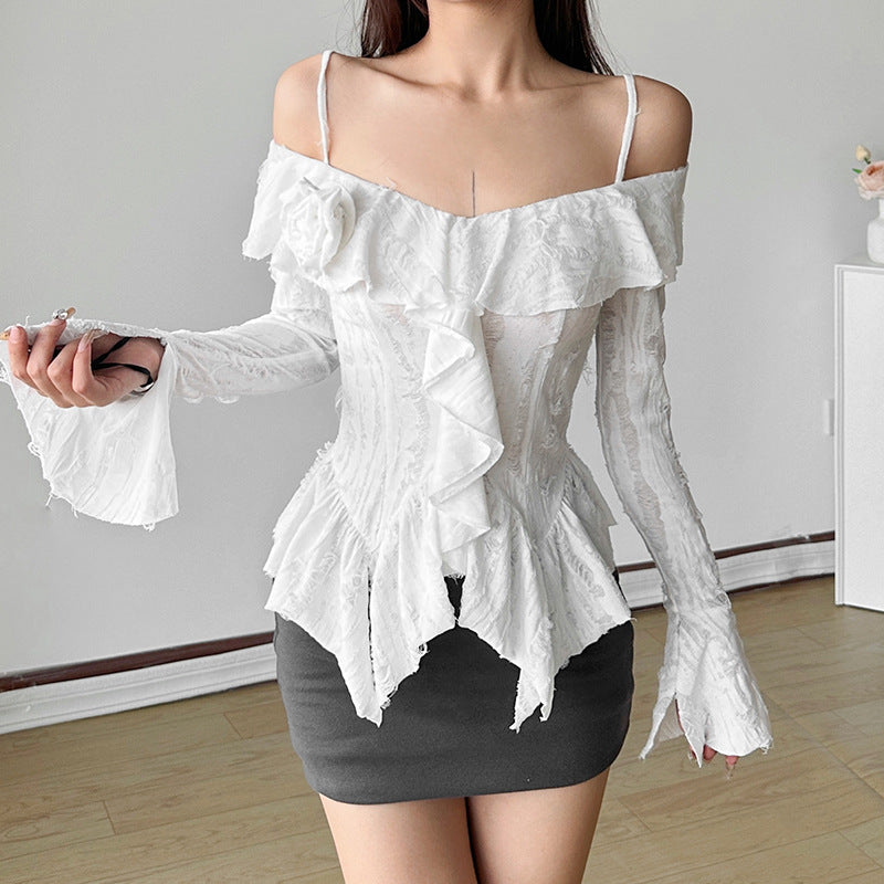 Free shipping new women's clothing solid color slim-fit street fashion one-word collar long-sleeved halter top tops