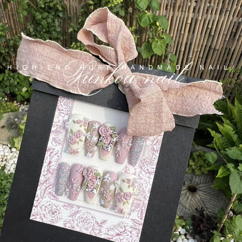 Hand-Made Nail Beauty Flower Three-Dimensional Sweet Fresh Temperament Korean Style Baby Pink Ice Cream Rose Hand-Painted
