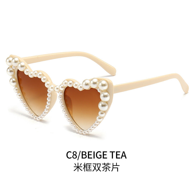 Women's fashion glasses 欧美潮流舞会ins爱心镶珍珠墨镜女沙滩桃心太阳镜时尚拍照眼镜