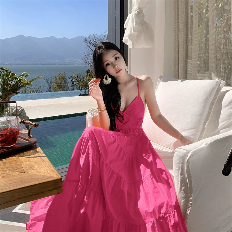 Fashion women's wear Yunnan Travel Photography Fairy Dress Orange Deep V-neck Backless Sling Dress Sanya Seaside Beach Skirt Female