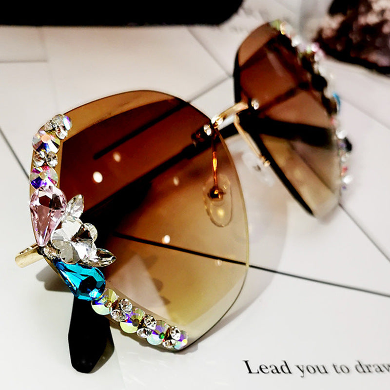 Women's fashion glasses 2024  新款时尚太阳镜女士防紫外线大脸显瘦无框水钻墨镜女ins韩版潮