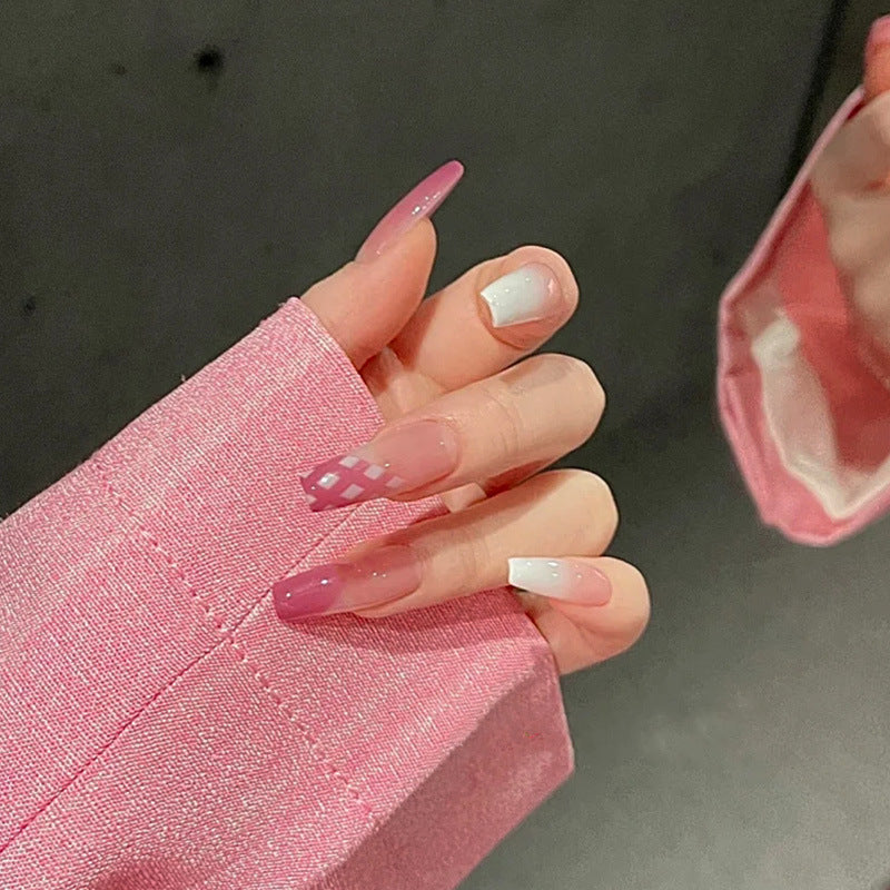 穿戴甲棋盘格美甲贴片甲片芭蕾甲指甲贴片假指甲片穿戴式美甲成品