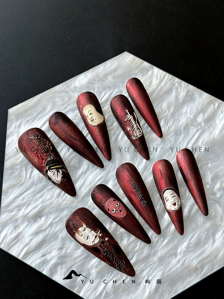 (Hand made nail) Yu Chen Original | Divine Ghost Chaos Power Dark Nail Wearing Collection Waste Soil Wind Red Matte Handmade Original Design
