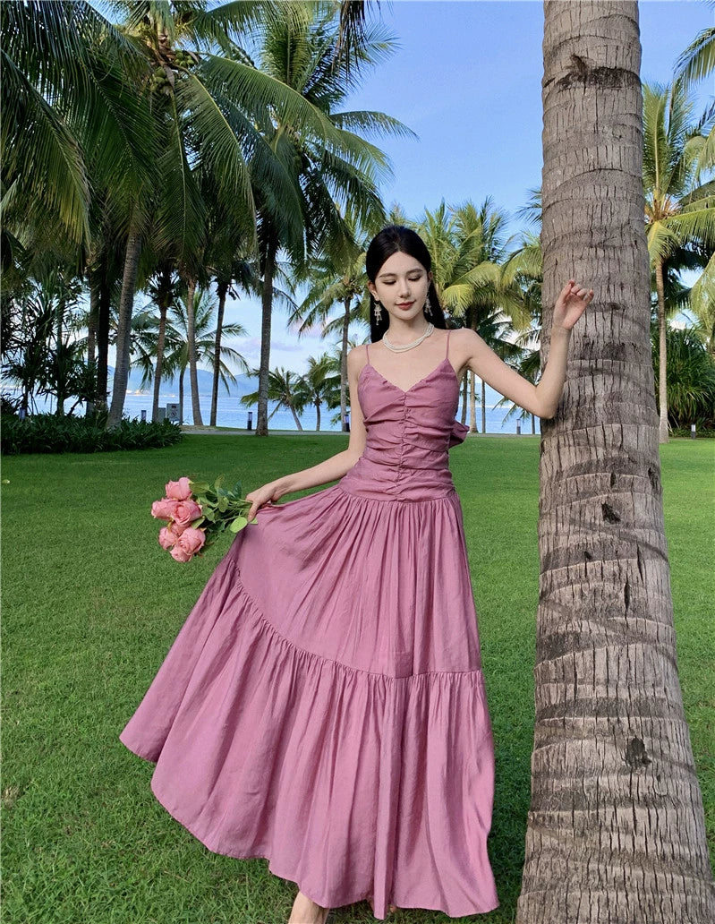 Fashion women's wear Beautiful Dopamine Special-Interest Design Lace-up Pleated Backless Vacation Style Sling Dress High-Grade Sense Temperament Long Dress