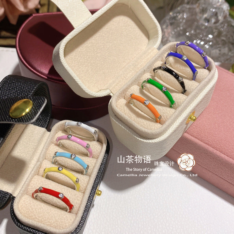 Camellia多巴胺少女境外彩虹锆石时尚百搭手工珐琅不褪色叠带戒指