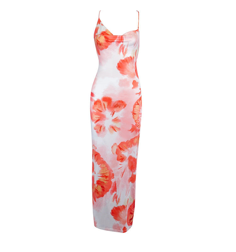 Fashion women's wear Tie-Dye Printed Sexy Back Cross Strap Mid-Length Sling Dress