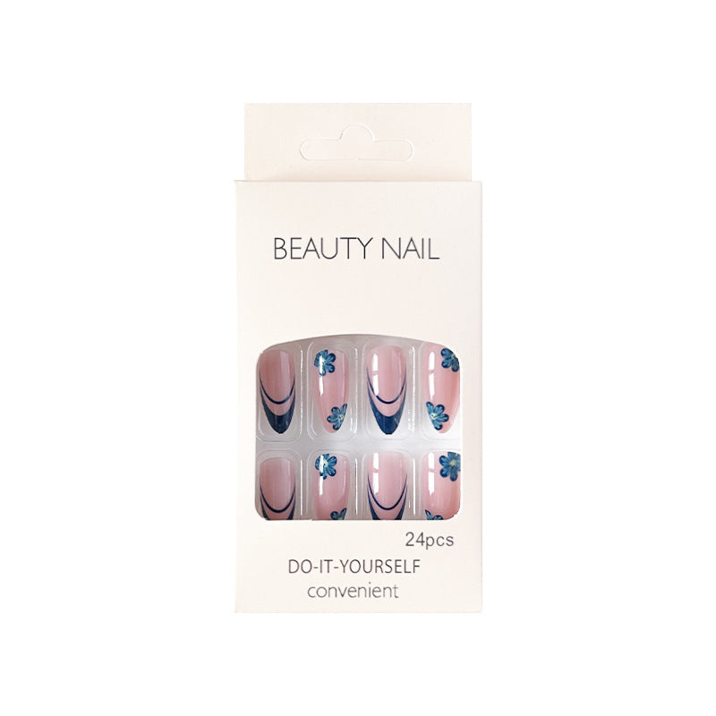 宝蓝花朵穿戴甲法式nails 跨境美甲片外贸假指甲长尖甲型美甲贴片