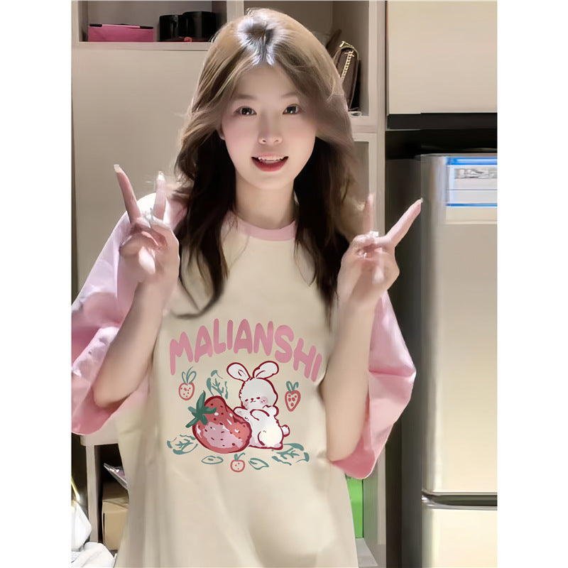 Dopamine tops Free shipping Tattoo 100Kg cotton pink shoulder-plugged short-sleeved t-shirt girlfriend outfit summer female college student dopamine loose and thin top
