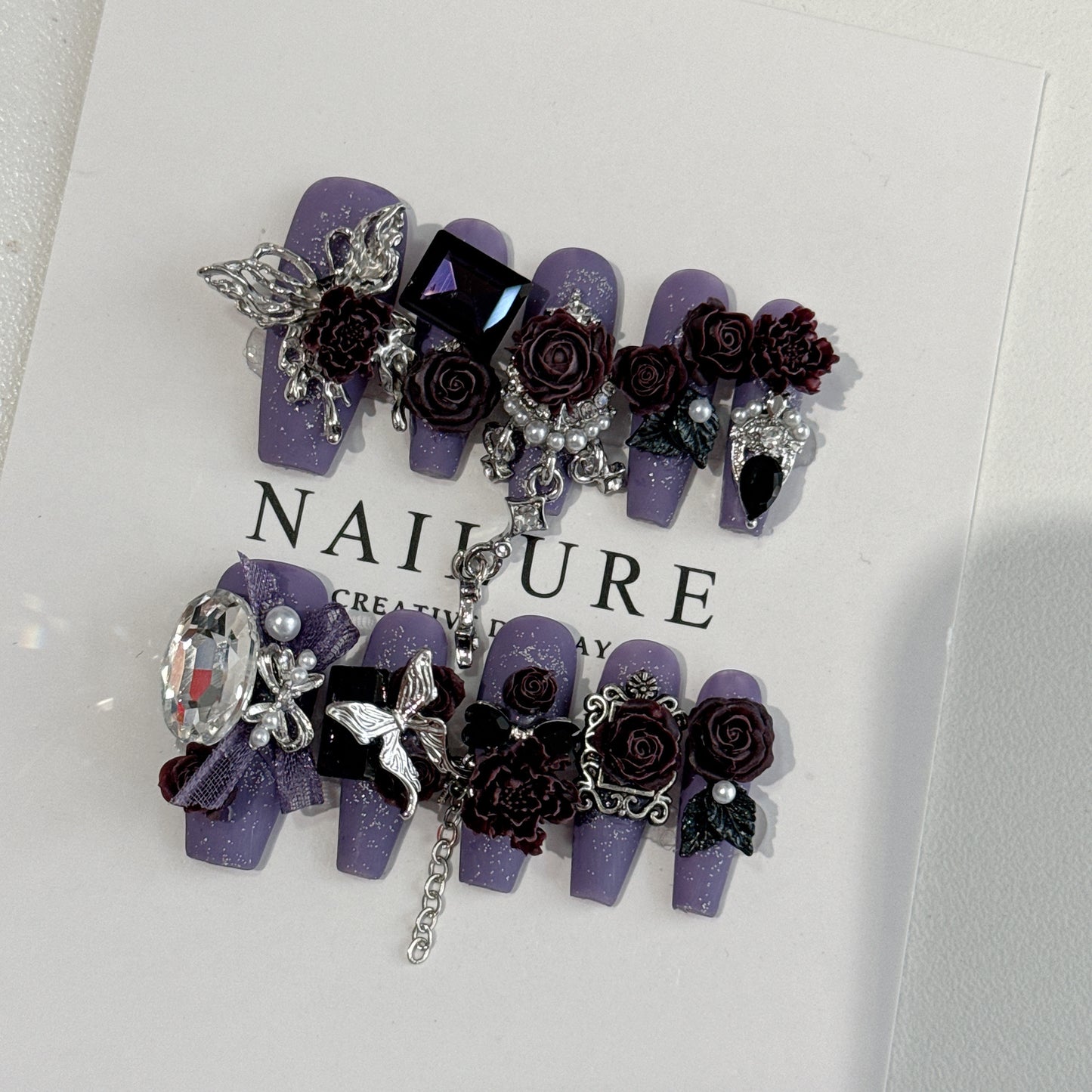 (Hand-Made Nail) Original Manicure Midnight Rose Moon Night Palace Light Luxury Heavy Industry Wear Nail Senior Nail Patch