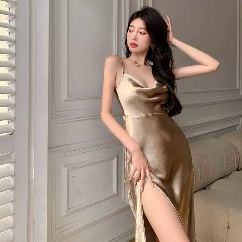 Fashion women's wear Summer New Outdoor Sling Dress Women's Spring Autumn Underwear Hot Girl Sexy Temperament Slim Fit Slimming Slit Dress