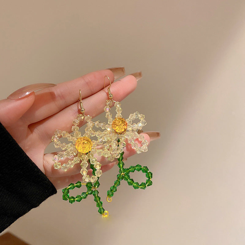 银针不对称镶钻圆圈水晶花朵耳环宫廷风炫彩复古耳钉设计感耳饰女
