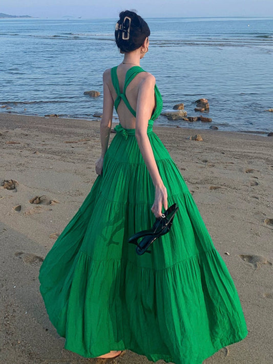 Dopamine dress Free shipping Tattoo Dopamine Island Wear Sexy Big Halter Green Strap Neck Dress Women's Summer Seaside Vacation Dress
