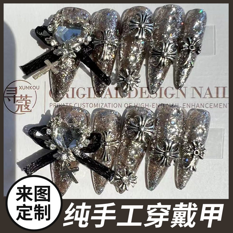 (Hand-Made Nail) Dark Style Crocker Heart Magic Mirror Mirror Nail Art Black Punk Love Heart Rhinestone Bow Hand Wear Nail Removal