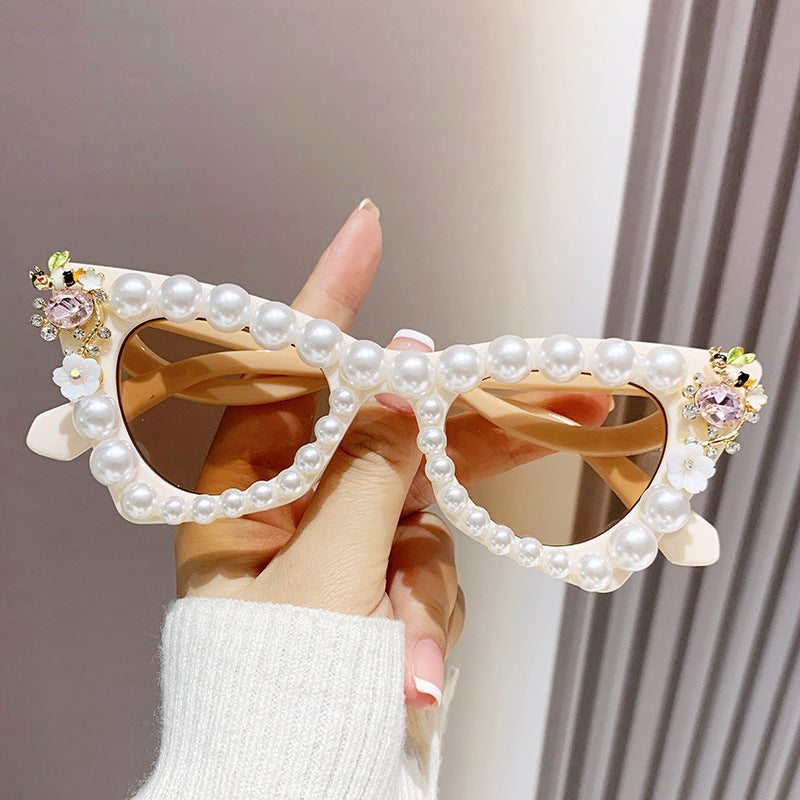 Women's fashion glasses 跨境镶珍珠太阳镜大框架舞会镶钻墨镜女沙滩太阳镜沙雕拍照眼镜